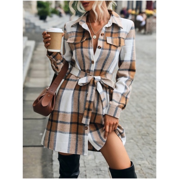 BellanBlue Dresses & Skirts - Cozy Khaki Tan Plaid Button up Shirt Dress Minimalist